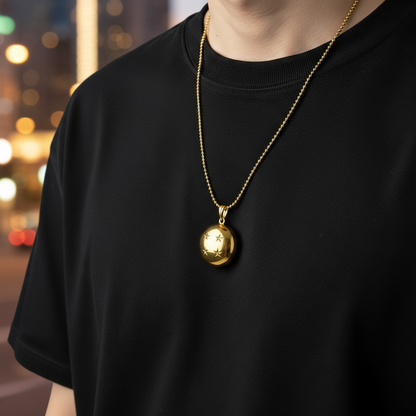 Person wearing a black t-shirt with a gold necklace featuring a round pendant on a gray background