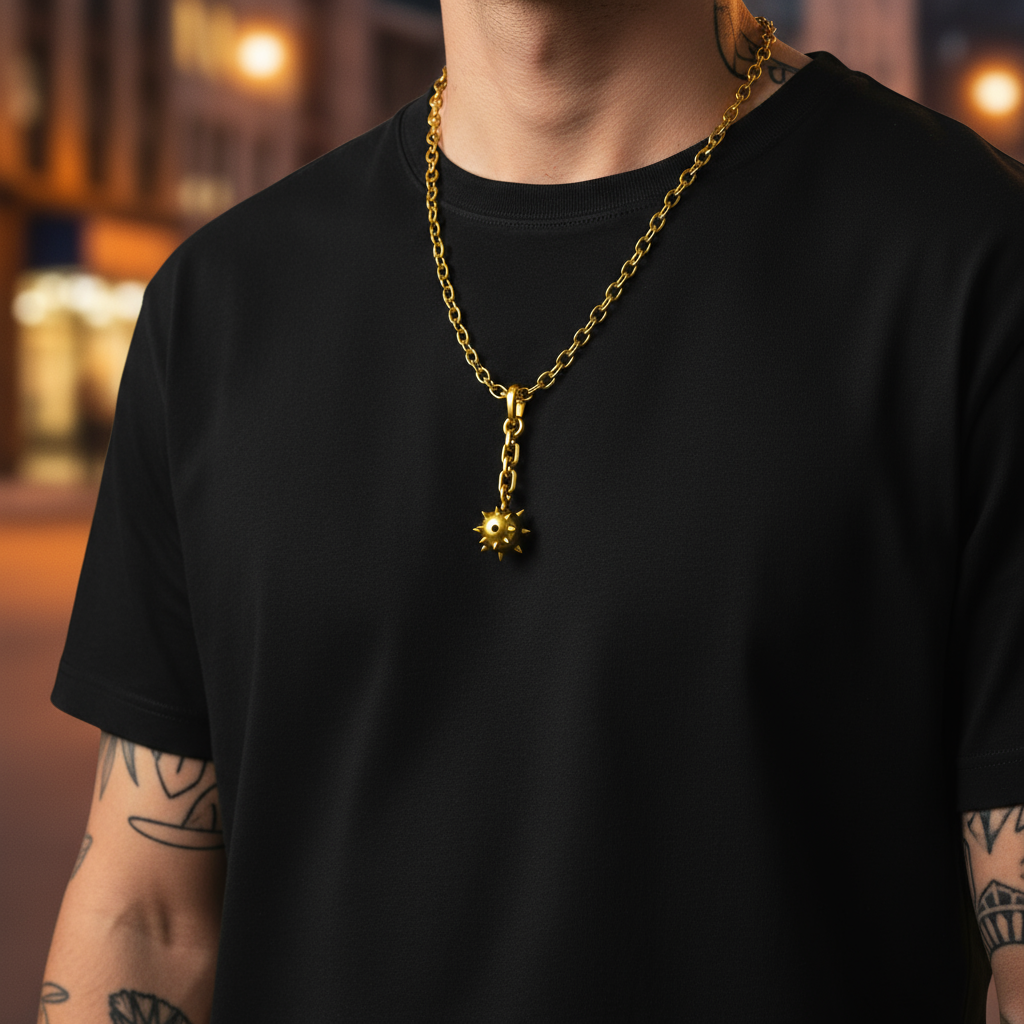 A silver pendant featuring a flail and axe with fully functional chains, set against an anime-style background.