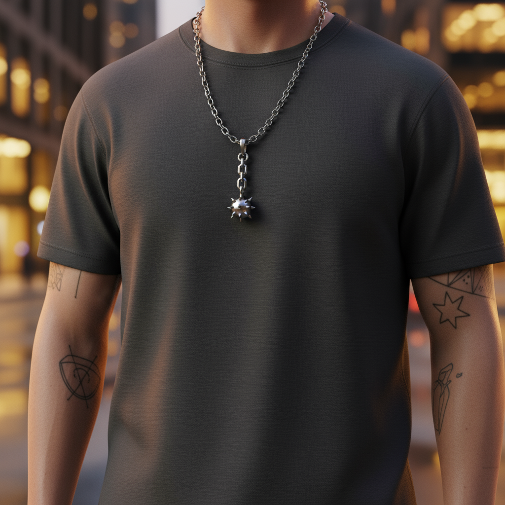 A silver pendant featuring a flail and axe with fully functional chains, set against an anime-style background.