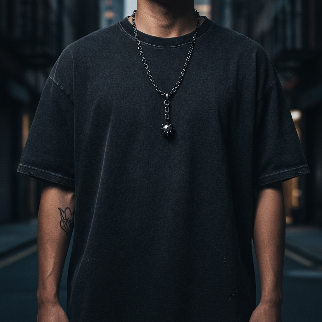 A silver pendant featuring a flail and axe with fully functional chains, set against an anime-style background.