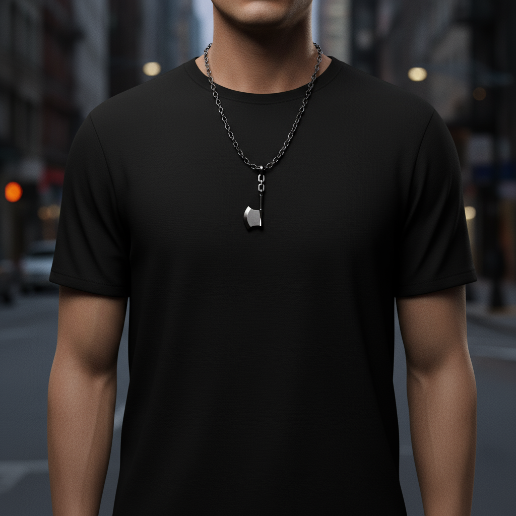 A silver pendant featuring a flail and axe with fully functional chains, set against an anime-style background.