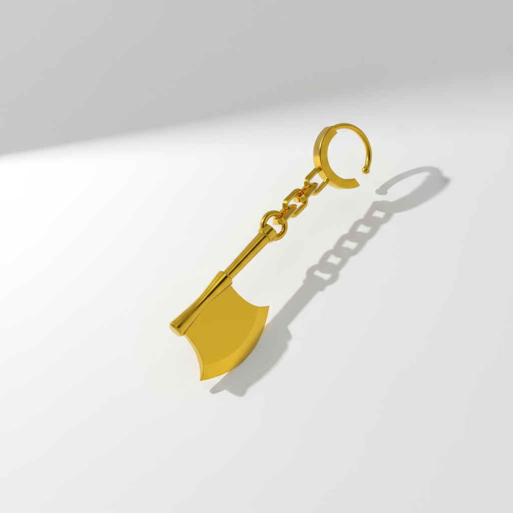 A pair of 14K gold earrings, one designed as a flail and the other as an axe, with a chain connecting each to a hoop for pierced ears, displayed against a textured grey background.