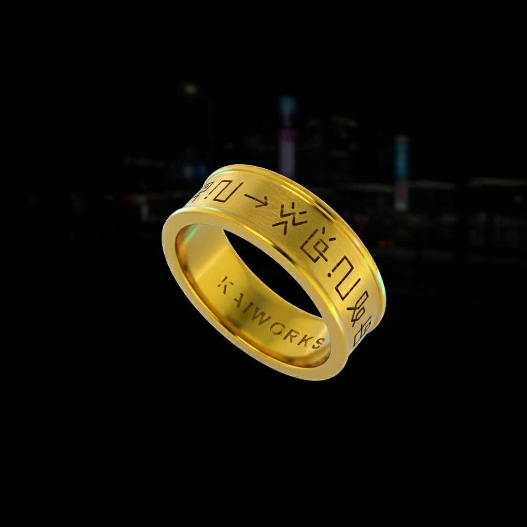 Gold ring with engraved text on a black background