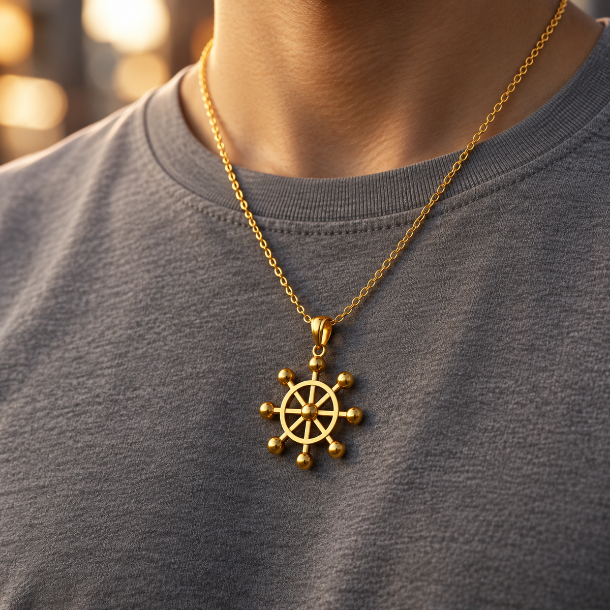 Gold necklace with a wheel pendant on a person wearing a gray shirt with orange polka dots.