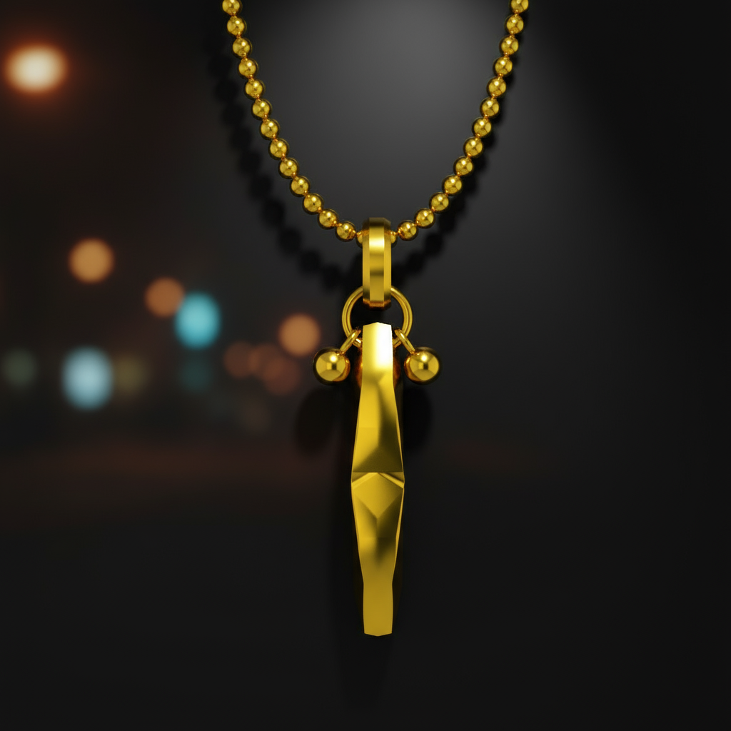 Gold necklace with a pendant against a blurred cityscape background