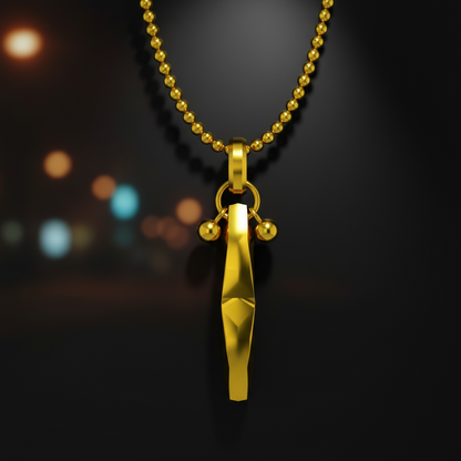 Gold necklace with a pendant against a blurred cityscape background
