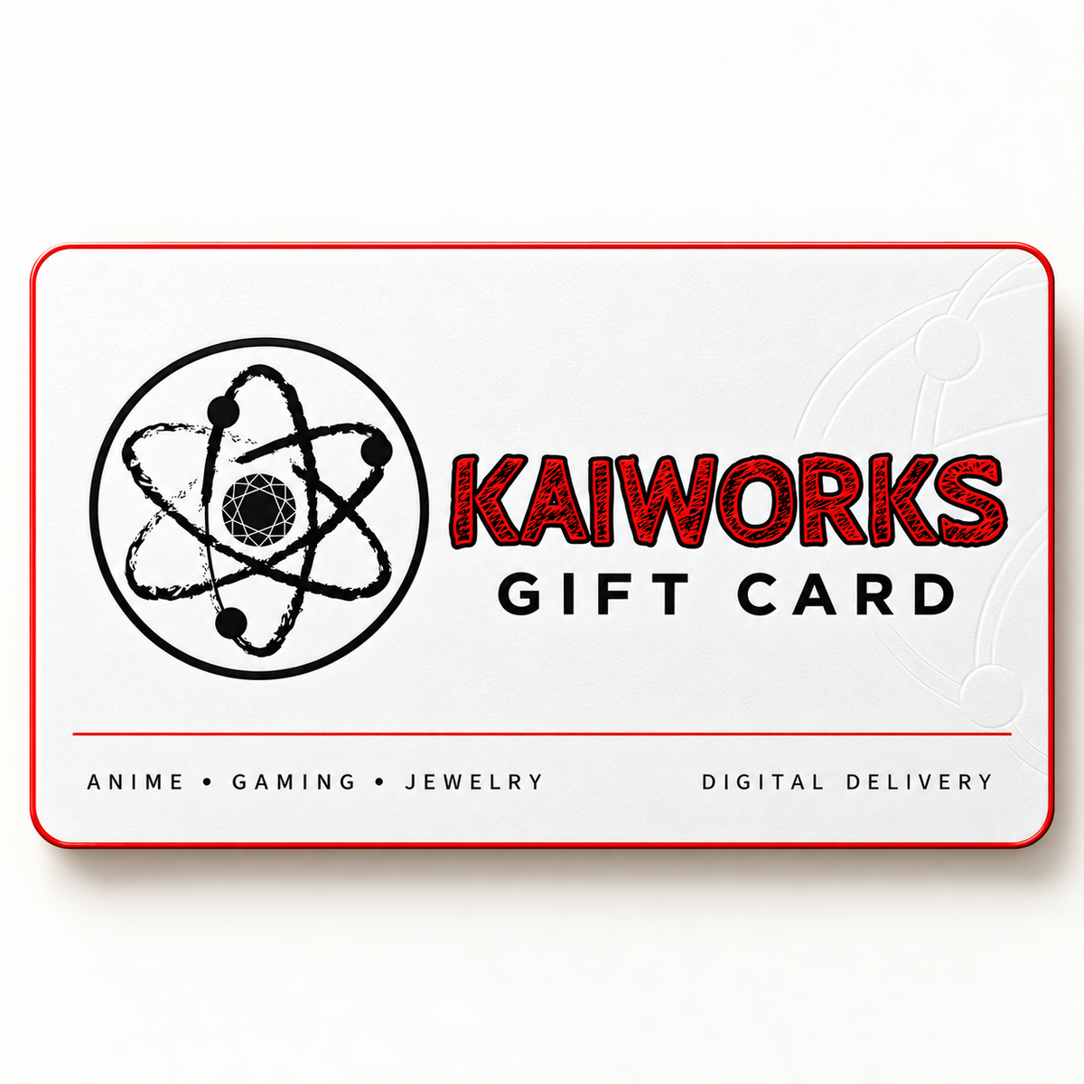 KAIWORKS Digital Gift Card showcasing anime, gaming, and jewelry options with a digital delivery theme.