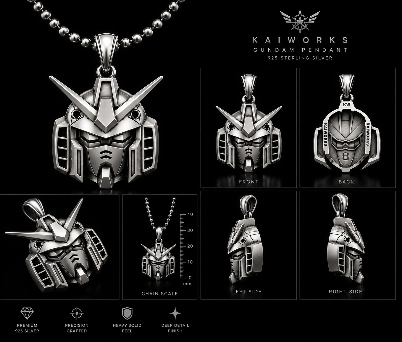 Kaiworks Gundam pendant with detailed views on a black background