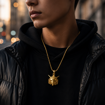 Person wearing a black jacket and gold necklace with a unique pendant in an urban setting