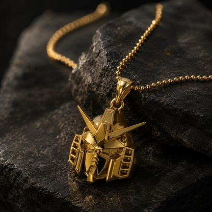 Gold robot pendant necklace on a dark stone surface