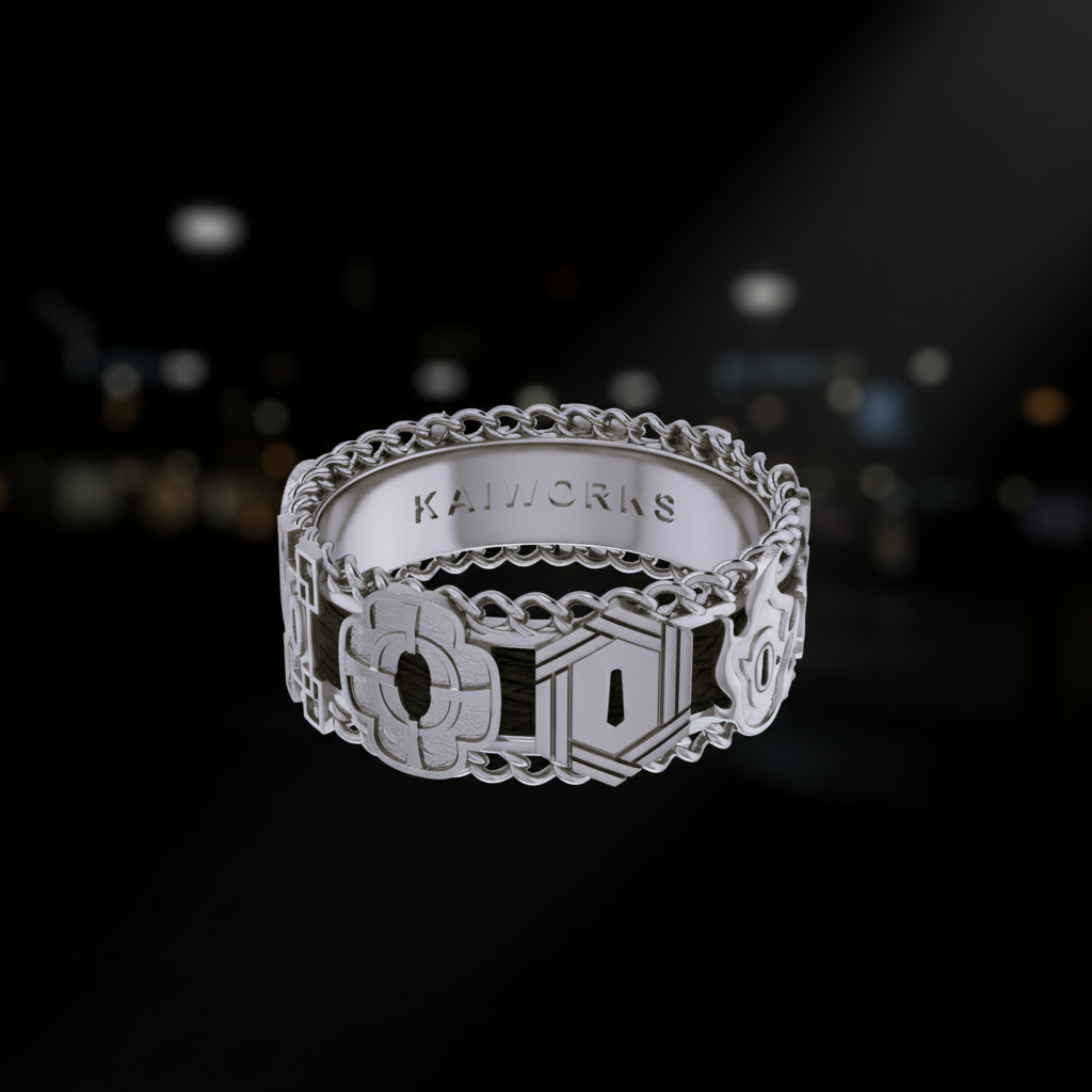 Silver ring with intricate design on a white background