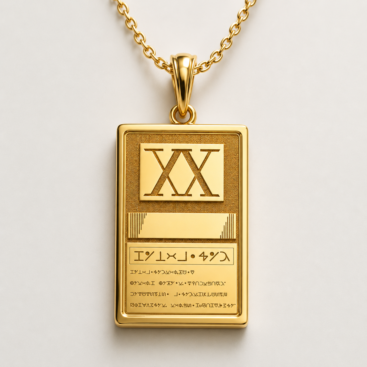 Gold pendant with Roman numeral design on a white background