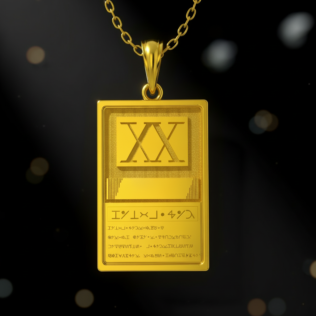 Gold pendant with Roman numeral design on a black background