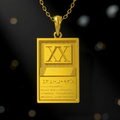 Gold pendant with Roman numeral design on a black background