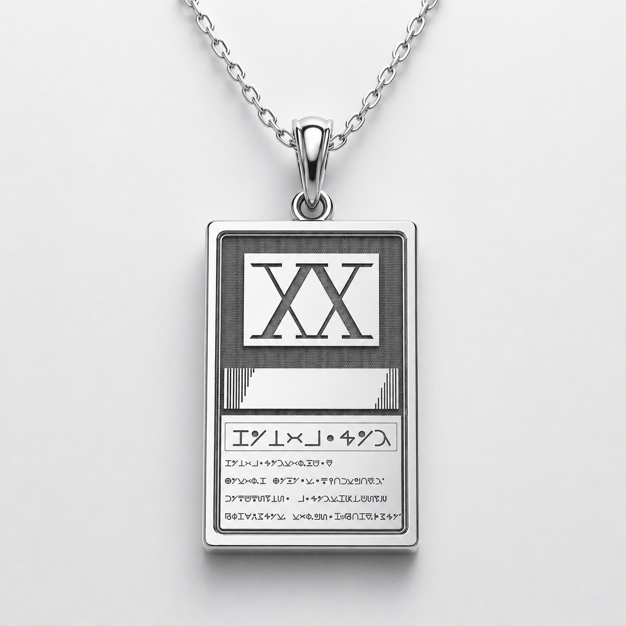 Silver pendant with a rectangular design on a white background