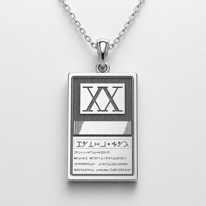 Silver pendant with a rectangular design on a white background