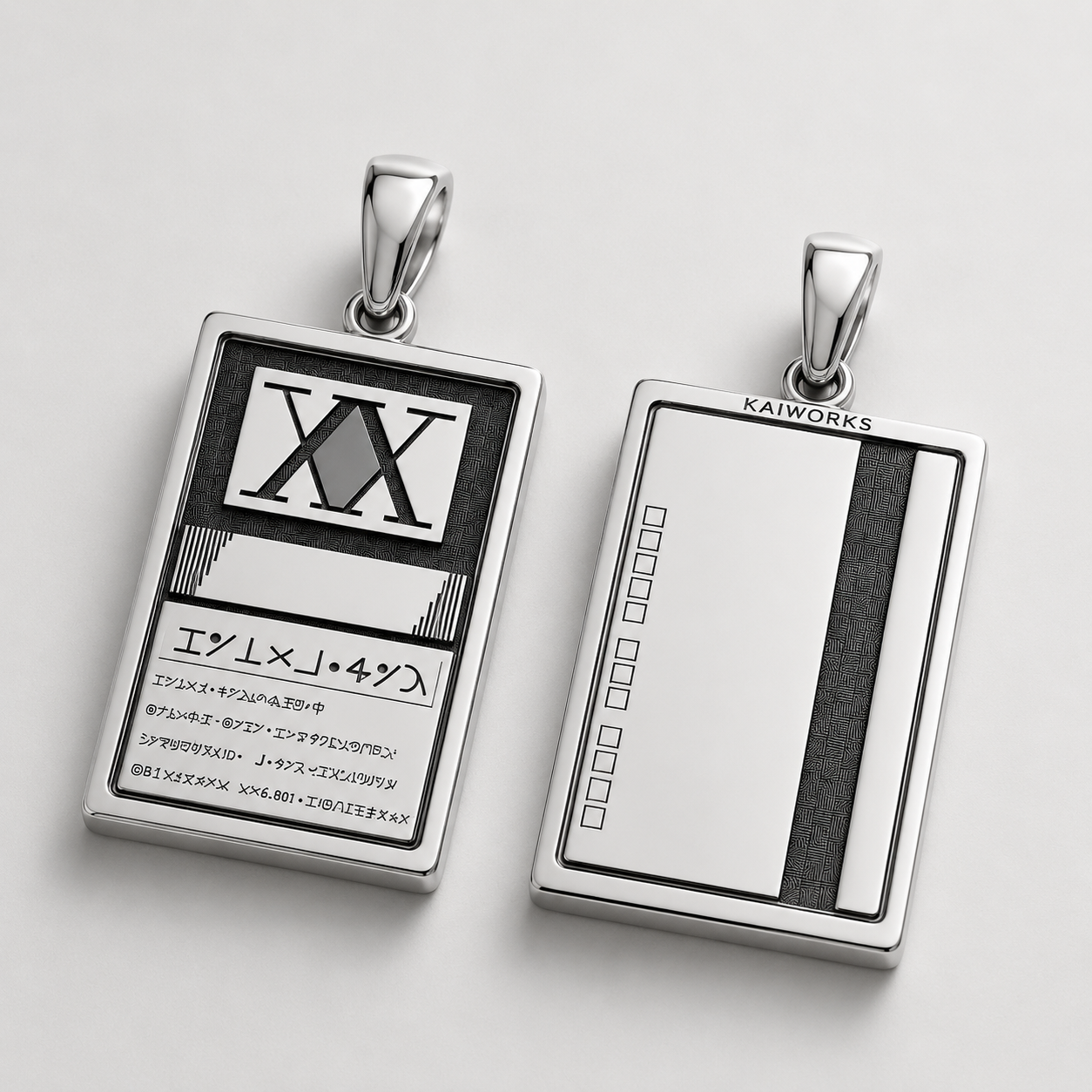 A silver pendant with Japanese engravings on it, featuring a chain link design, with anime character illustrations in the background.