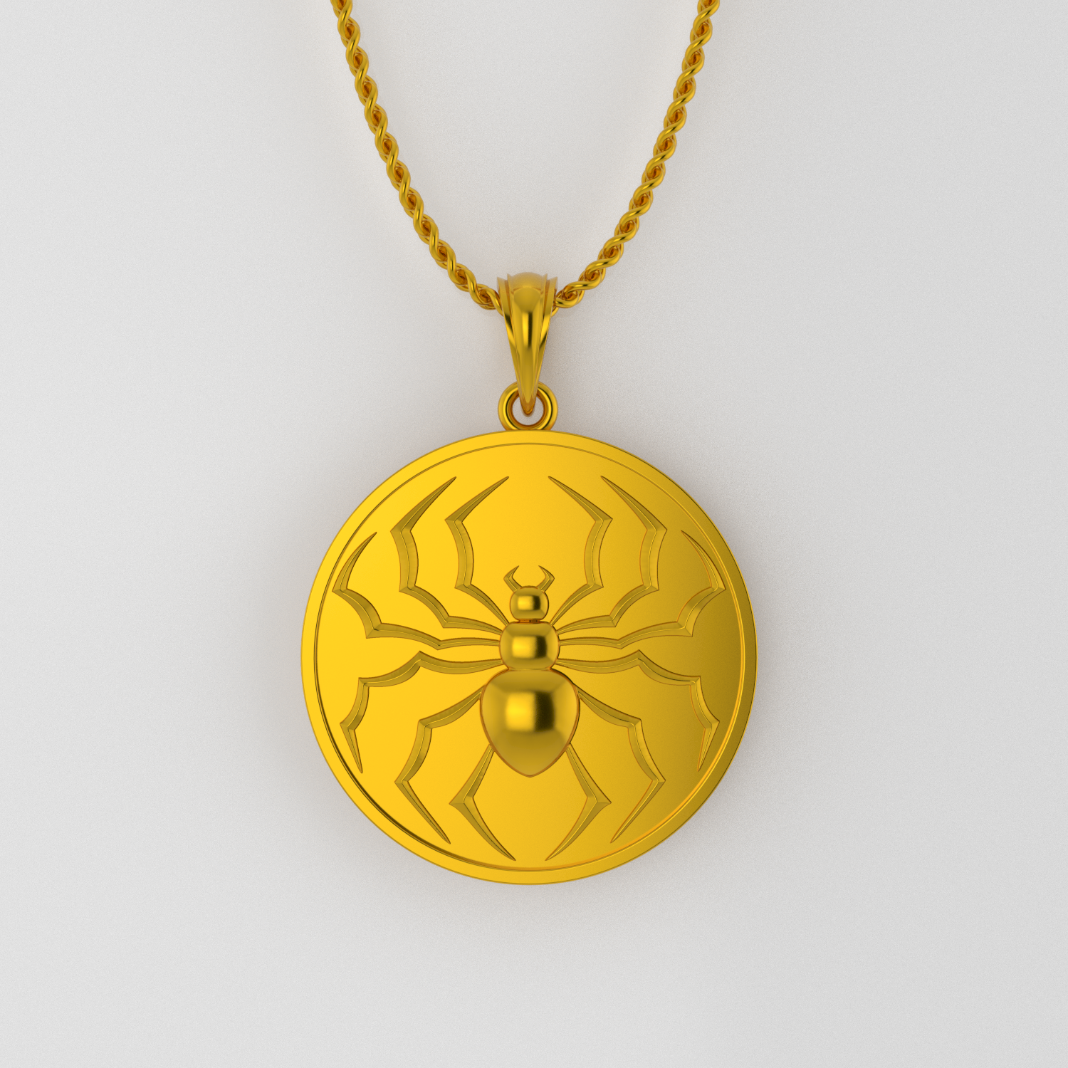 A gold-colored coin pendant with a spider design, displayed against a silhouette of a crowd and a spider web