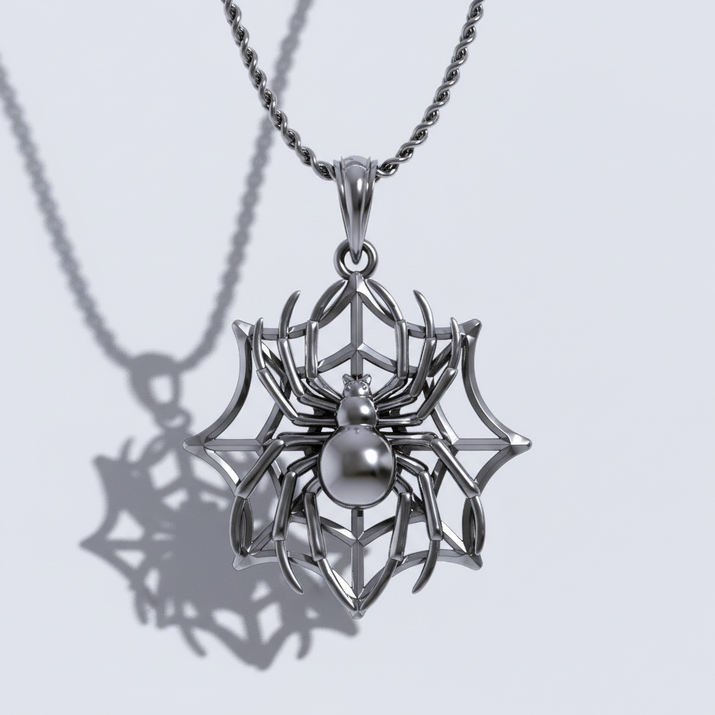 A solid 925 sterling silver spider on web pendant with 18K gold vermeil detailing, displayed against an anime-style background.