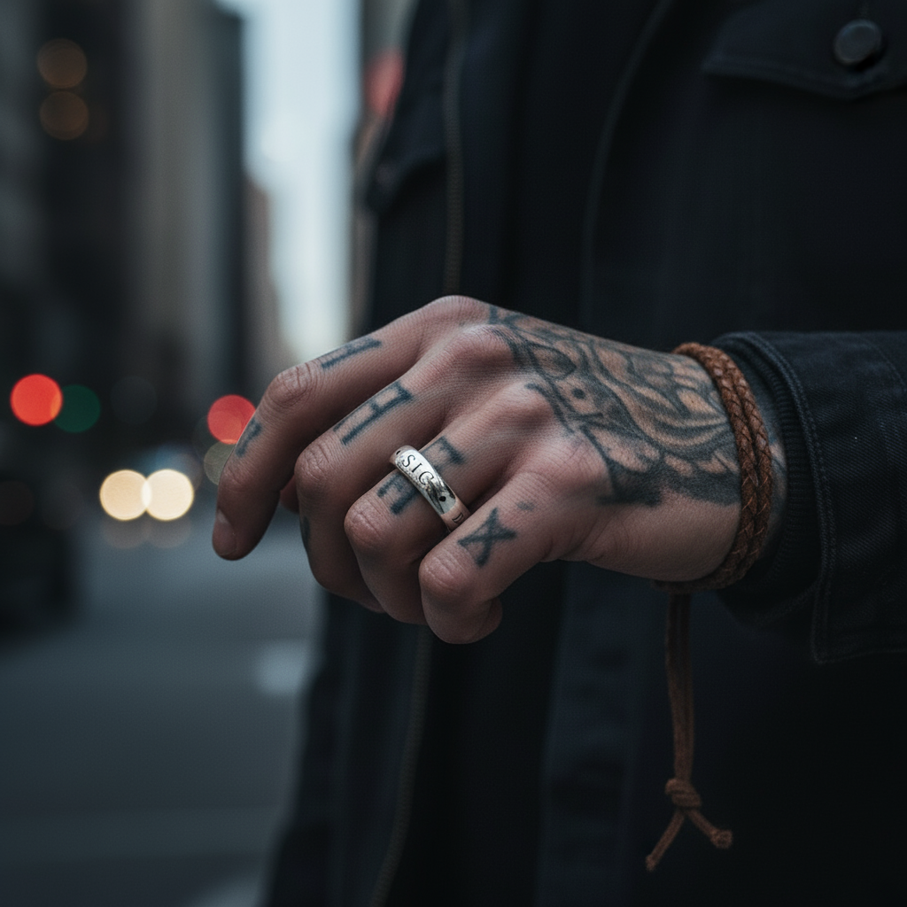 Close-up of a person's tattooed hand with rings, blurred city lights in the background