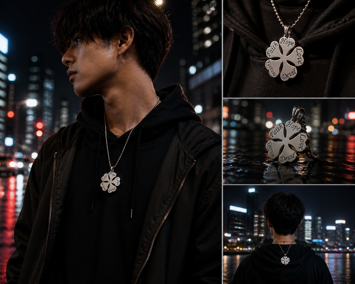 Person wearing a necklace with a four-leaf clover pendant against a cityscape background