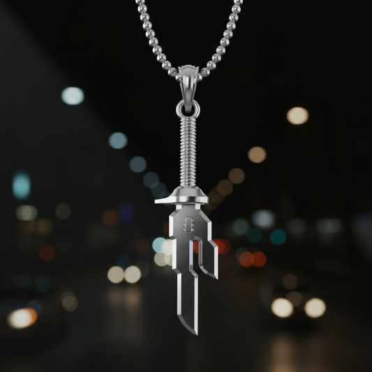 Silver pendant necklace with blurred city lights in the background