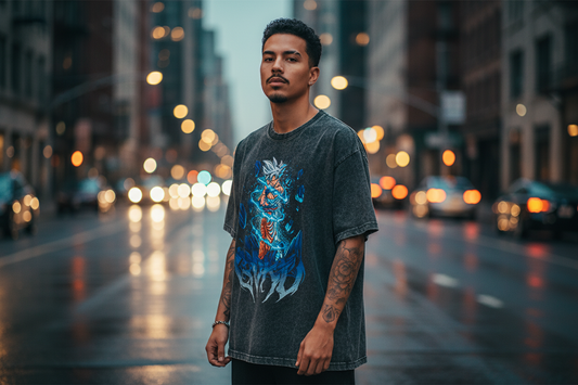 Man standing on a city street at night with blurred lights in the background
