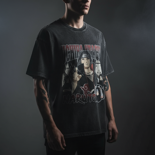 Person wearing a graphic t-shirt with a design on a dark background