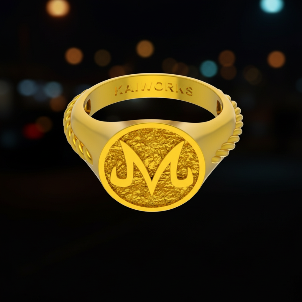 Gold ring with a prominent 'M' on a white background
