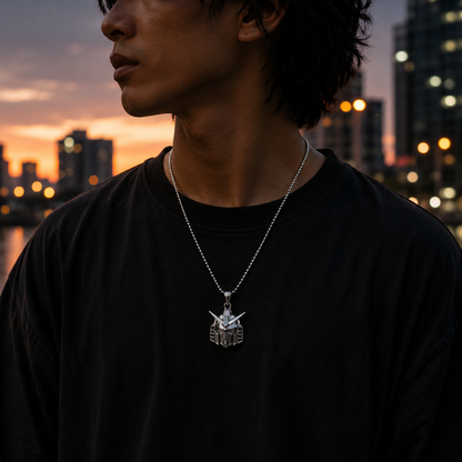 Person wearing a necklace with a pendant against a cityscape at sunset.