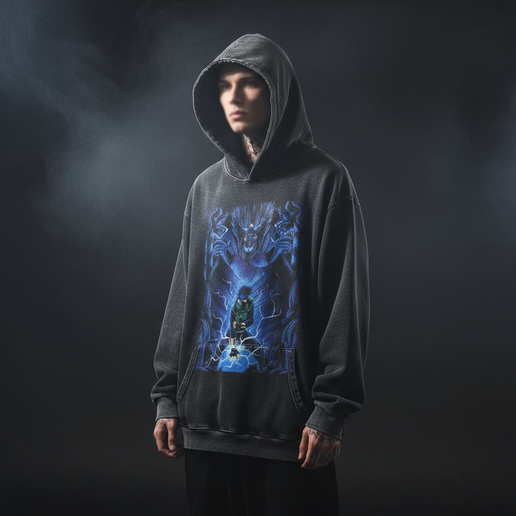 Black hoodie with blue graphic design on a white background
