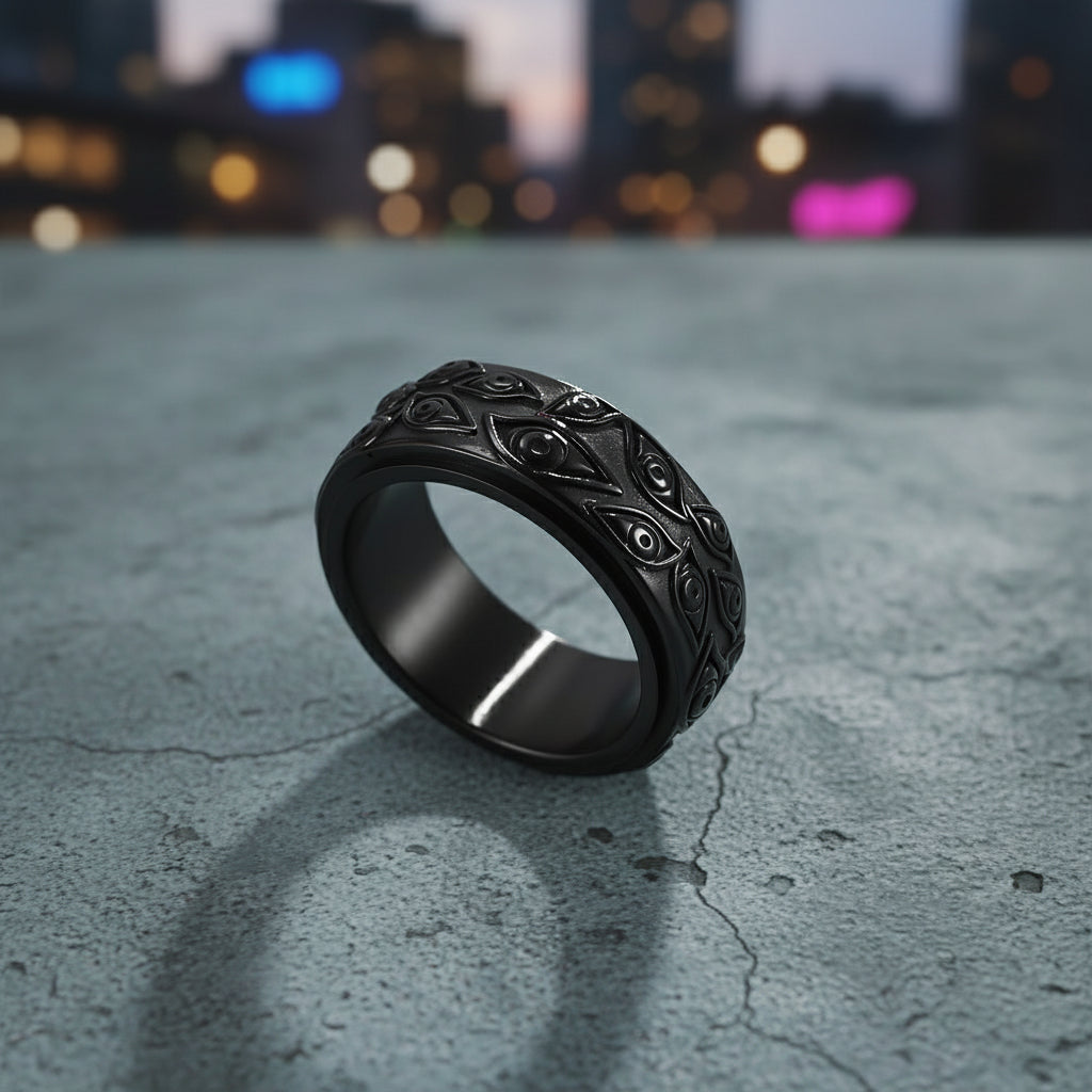 Black decorative ring on a light gray background