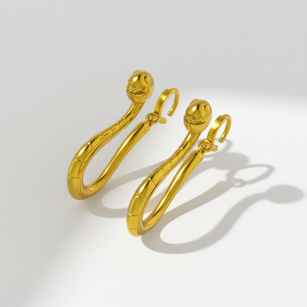 The image features a pair of striking gold-colored snake-inspired earrings, displayed against an anime-inspired background that includes a character and a fantasy creature.