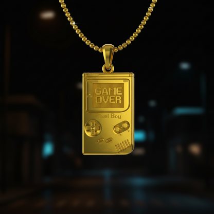 Gold pendant shaped like a vintage game console with 'Game Over' text on a dark background