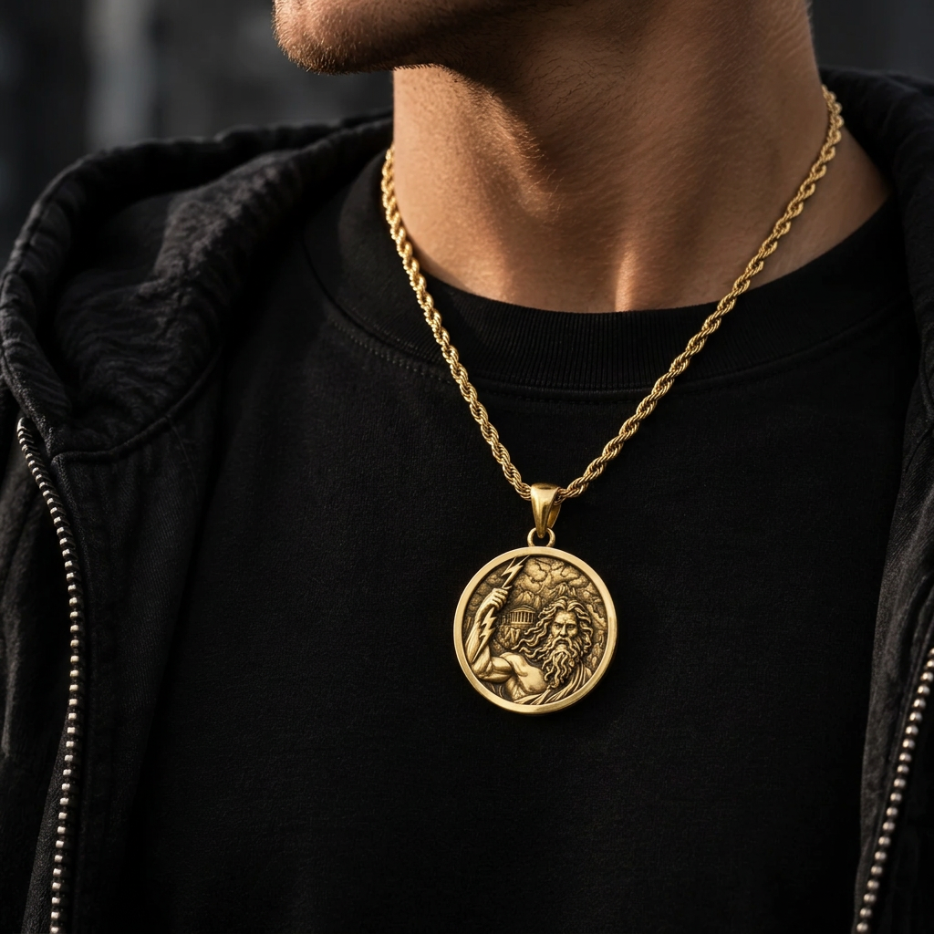 Man wearing Zeus Medallion pendant featuring Zeus and a lightning bolt on a gold chain.