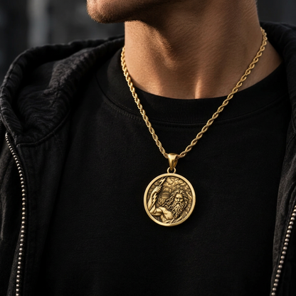 Man wearing Zeus Medallion pendant featuring Zeus and a lightning bolt on a gold chain.