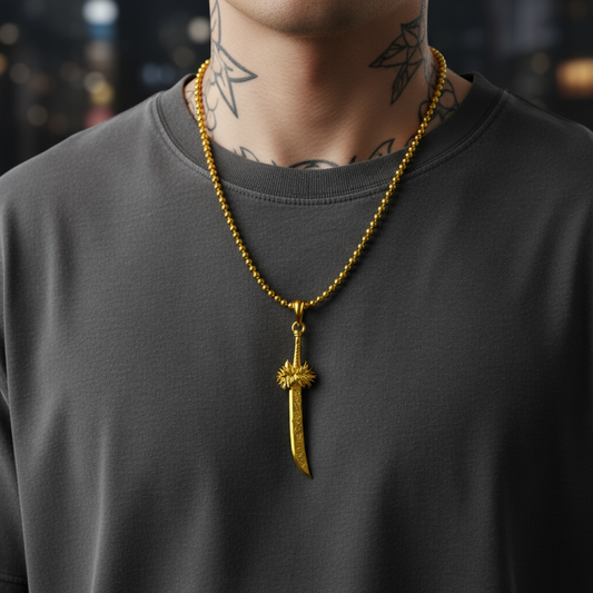 Gold necklace with a unique pendant worn by a person against a blurred background