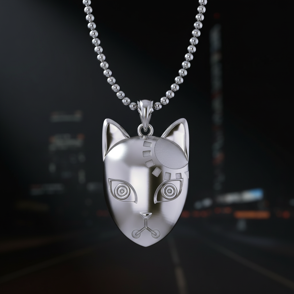 Silver cat-shaped pendant on a chain against a white background