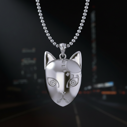 Silver cat-shaped pendant on a chain against a white background
