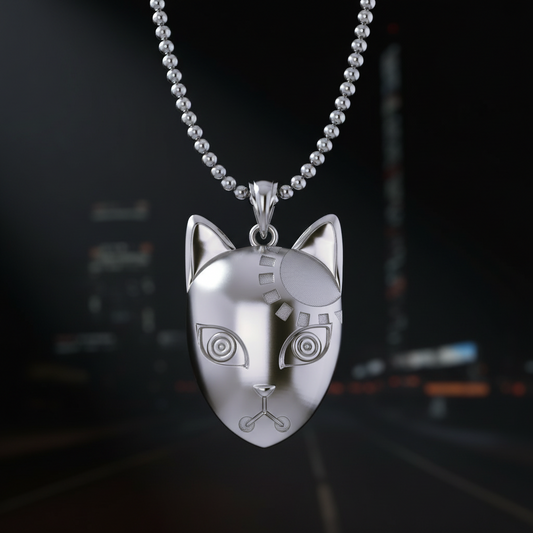 Silver cat-shaped pendant on a chain against a white background