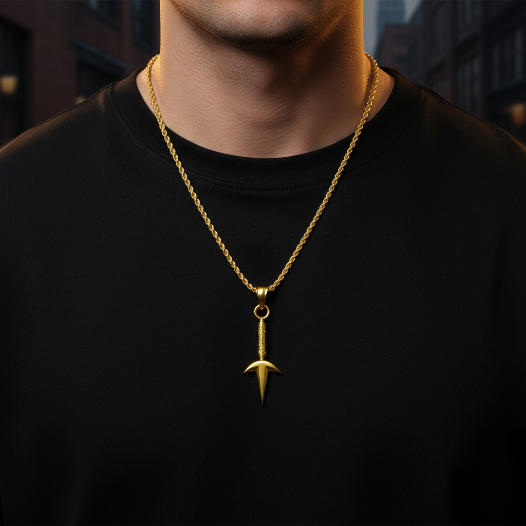 A silver pendant designed to resemble a Thunder kunai with three blades and a chain attached to its top loop, set against a background with a smoky effect.