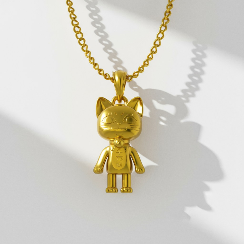 A gold-colored pendant in the shape of a whimsical cat with a human body, set against a vibrant anime-style artwork background.