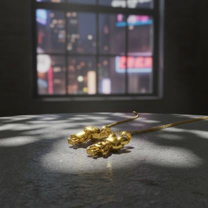 Gold necklaces on a wooden surface with a forest background