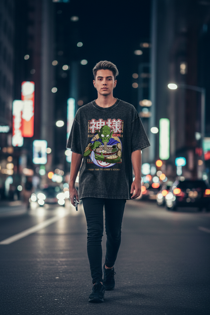 Man walking on a city street at night with neon lights in the background