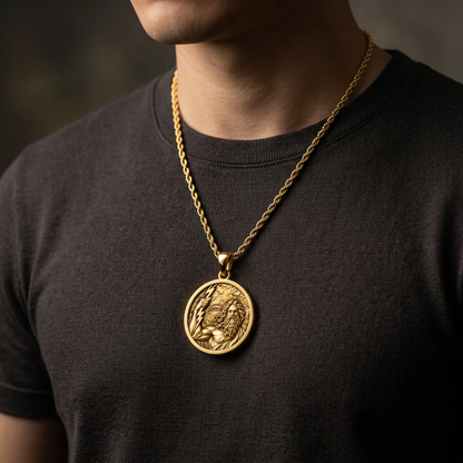 Zeus Medallion worn on a gold chain, showcasing the powerful imagery of the Greek God of Thunder.