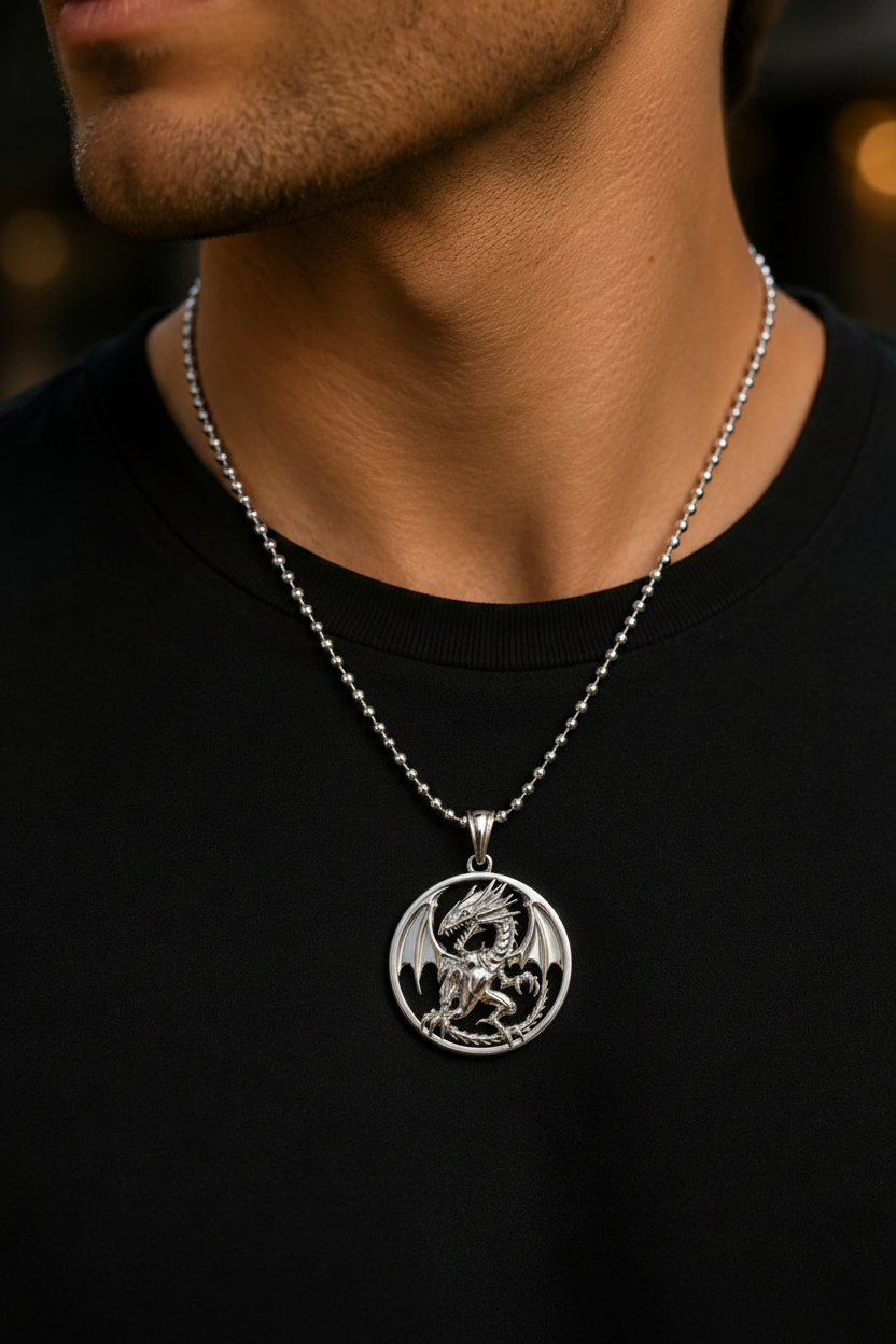 A close-up of a man wearing a silver ball-chain necklace with a circular pendant featuring a raised dragon design, paired with a black crew-neck shirt.