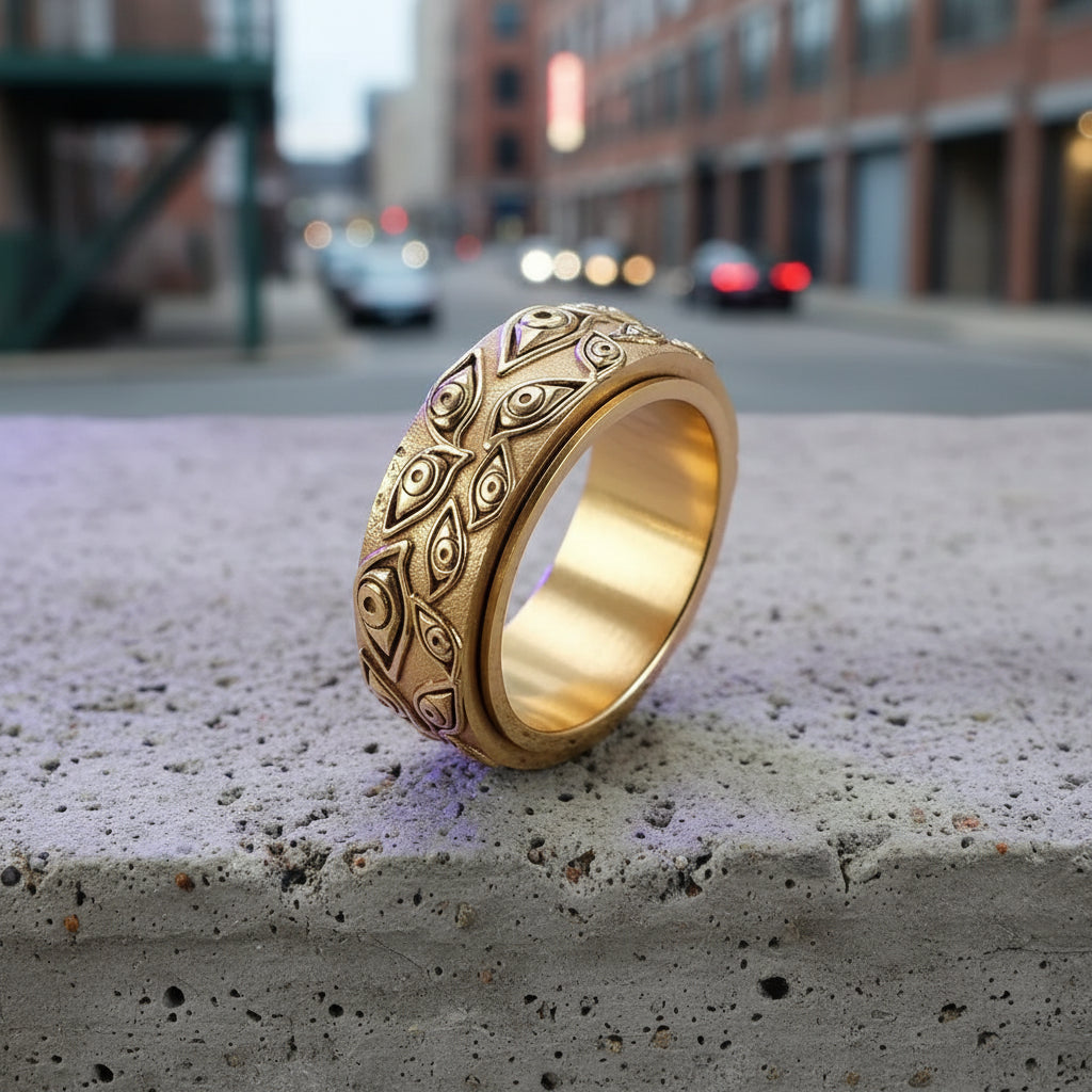Gold ring with intricate patterns on a light gray background
