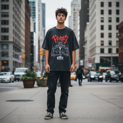 A person wearing a vintage black t-shirt with a graphic print of a character in armor and Japanese text.