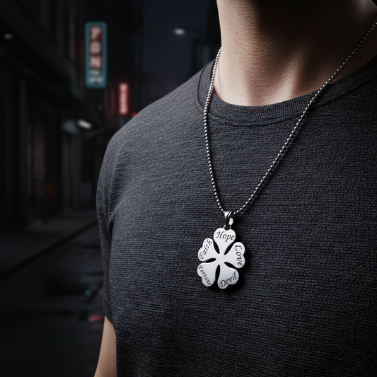 Person wearing a necklace with a pendant on a dark background