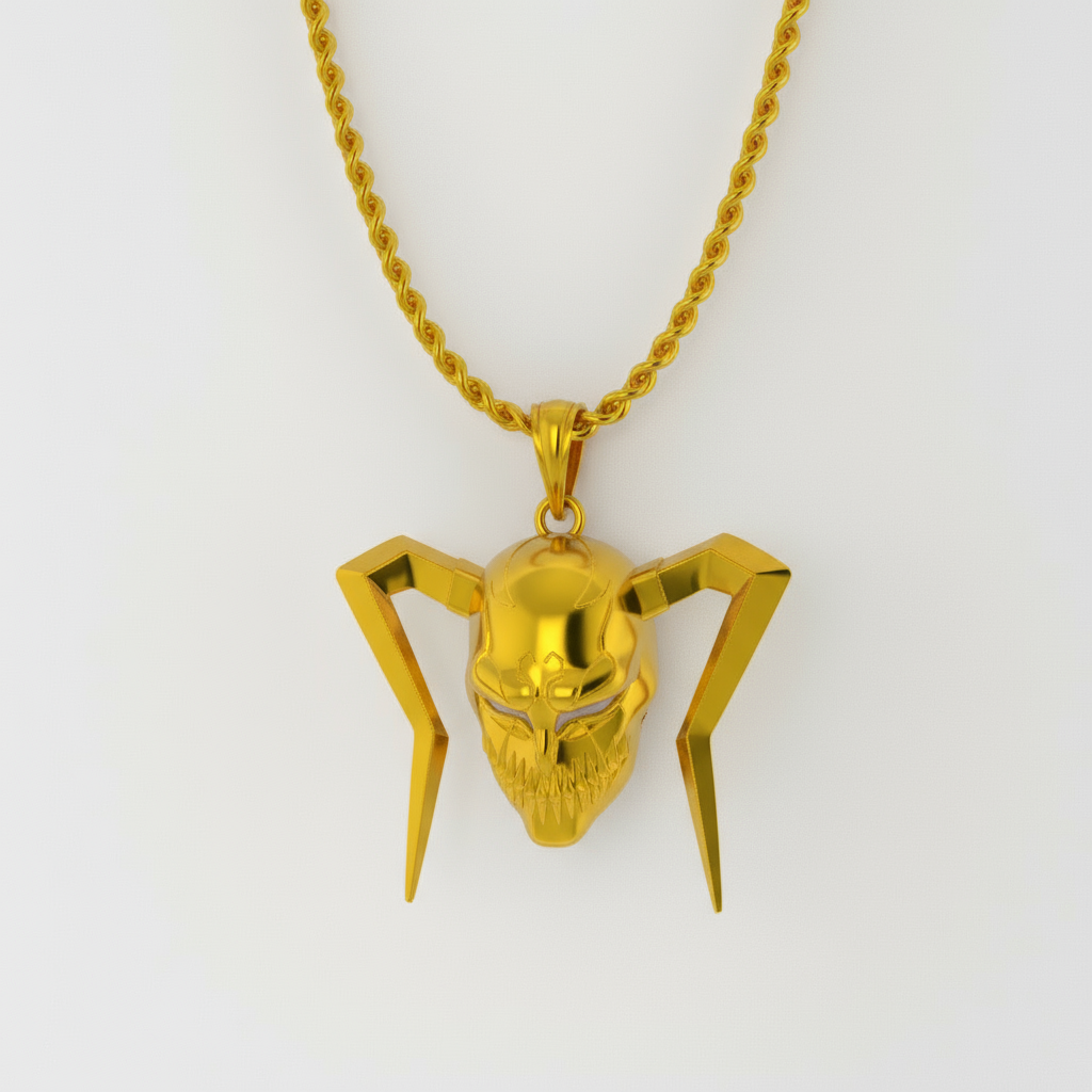 A highly detailed, solid 925 sterling silver pendant in the shape of a hollow mask from the anime series Bleach, displayed against an abstract black and orange background.